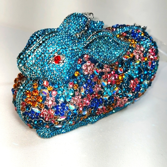 New In Box Blue Colorful Crystals Floral Rabbit Evening Clutch Purse - Picture 3 of 17